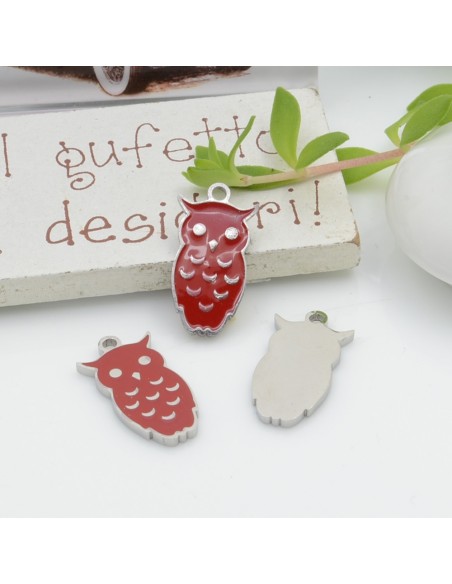 Ciondolo gufo in acciaio smaltato 10x20 mm 1pz rosso Gioie d'Oriente