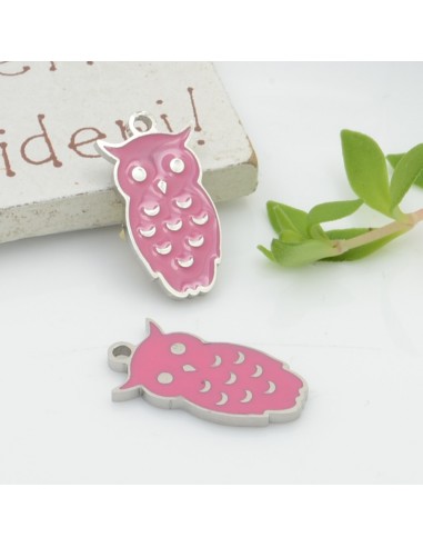 Ciondolo gufo in acciaio smaltato 10x20 mm 1pz fucsia Gioie d'Oriente