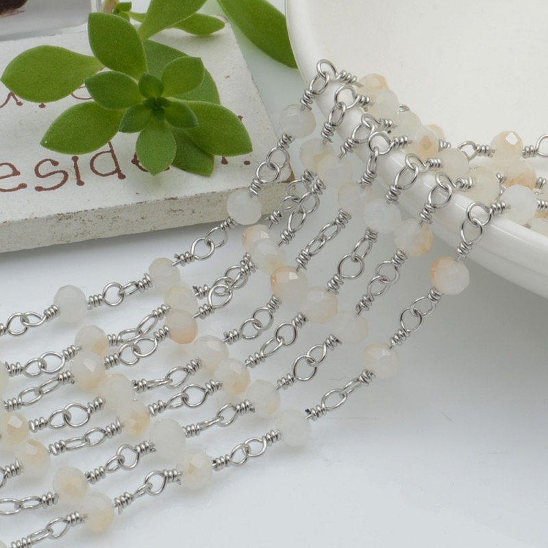 catena rosario in acciaio concatenata con cristalli 4 mm col panna cammello 50 cm per fai da te