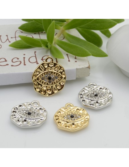 Ciondolo occhio in rame con zirconi bianchi 13 x 14 mm 1pz modelli oro e argento Gioie d'Oriente