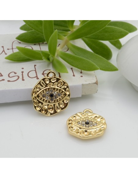 Ciondolo occhio in rame con zirconi bianchi 13 x 14 mm 1pz modelli oro e argento Gioie d'Oriente