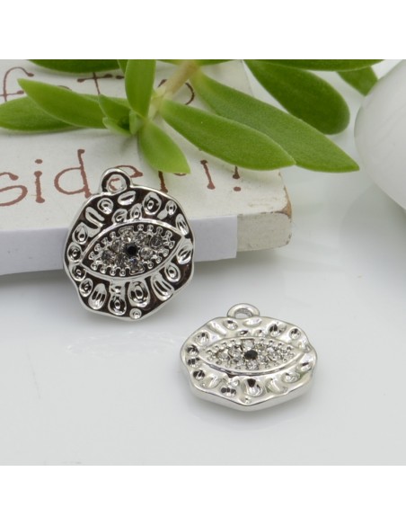 Ciondolo occhio in rame con zirconi bianchi 13 x 14 mm 1pz modelli oro e argento Gioie d'Oriente
