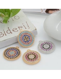 Ciondolo medaglia in rame oro con strass fucsia turchese 14 x 15 mm 1pz Gioie d'Oriente
