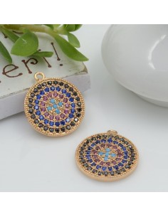 Ciondolo medaglia in rame oro con strass fucsia turchese 14 x 15 mm 1pz Gioie d'Oriente 2