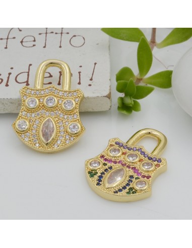 Ciondolo lucchetto in ottone oro con zirconi 17x23mm 1pz Gioie d'Oriente