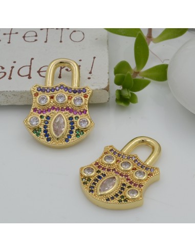 Ciondolo lucchetto in ottone oro con zirconi arcobaleno 17x23mm 1pz Gioie d'Oriente