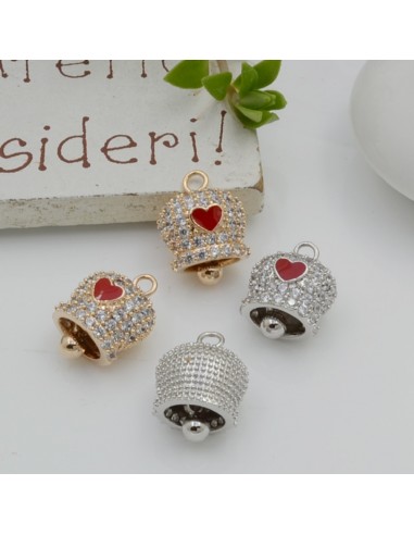 ciondoli a forma di campanella con cuore rosso smaltato e zirconi 10x14mm in rame GDO