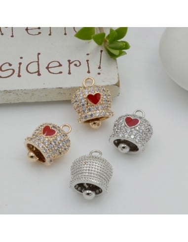 Ciondolo campanella in rame con cuore rosso e strass 10x14mm 1pz Gioie d'Oriente