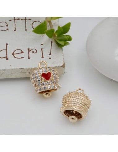 Ciondolo campanella in rame oro con cuore rosso e strass 10x14mm 1pz Gioie d'Oriente