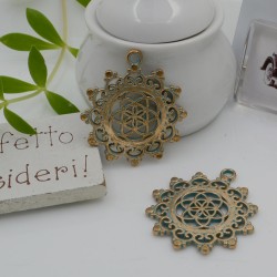 Ciondolo fiore della vita in lega di metallo oro turchese 30 mm 1pz Gioie d'Oriente