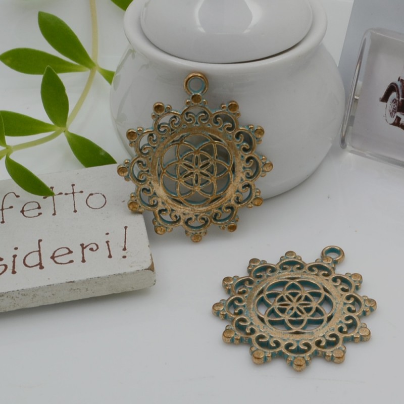 Ciondolo fiore della vita in lega di metallo oro turchese 30 mm 1pz Gioie d'Oriente