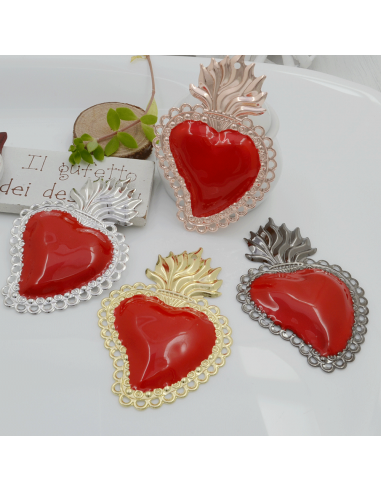Ciondolo cuore sacro smaltato rosso in ottone con fori 70x46 mm 1pz Gioie d'Oriente