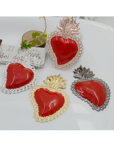 Ciondolo cuore sacro smaltato rosso in ottone con fori 70x46mm 1pz | GDO