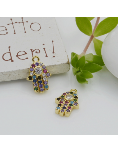 ciondoli a forma mano di fatima con zirconi strass multicolor 13.6 x 9 mm in ottone per le tue creazioni