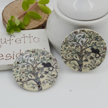 Ciondoli Elemento pendente in legno con disegno albero della vita e gatto nero 6 fori 30 mm tondo 2 pz per orecchini