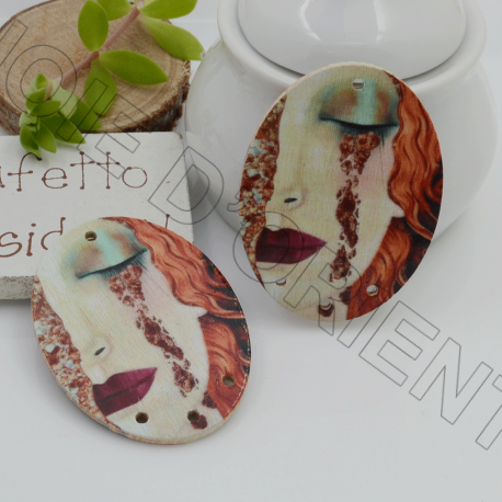 Ciondoli Elemento pendente in legno con disegno donna che piange Klimt 40 x 30 mm 4 fori ovale 2 pz per orecchini