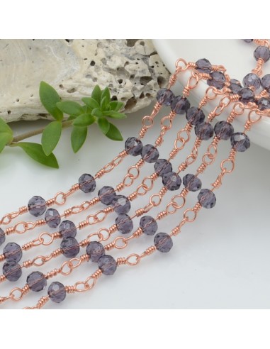 Catena rosario di cristalli colore viola scuro trasparente da 4mm concatenati con filo oro rosa in ottone 50cm | GDO