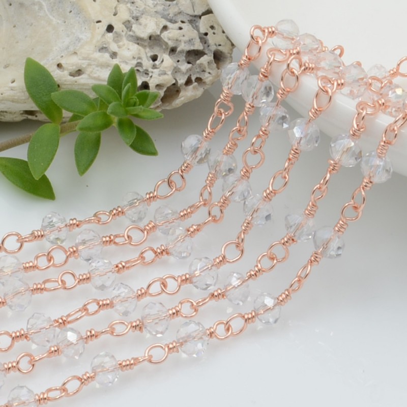 Catena rosario di cristalli colore trasparente da 4mm concatenati con filo oro rosa chiaro in ottone 50cm | GDO