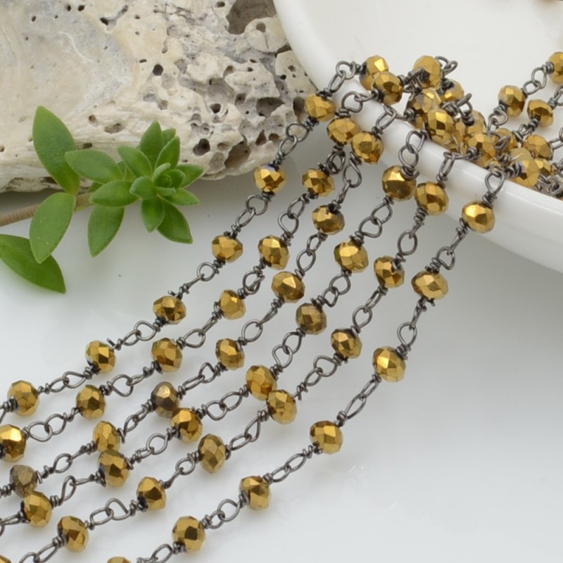 Catena rosario di cristalli colore oro metallic da 3mm concatenati con filo canna di fucile in ottone 50cm | GDO