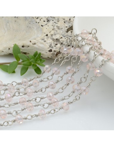 catena rosario cristalli colore rosa trasparente AB 4 mm concatenata filo argento in ottone 50 cm per fai da te