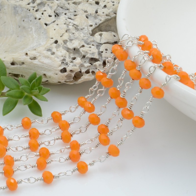 Catena rosario di cristalli colore arancione da 3mm concatenati con filo argento in ottone 50cm | GDO
