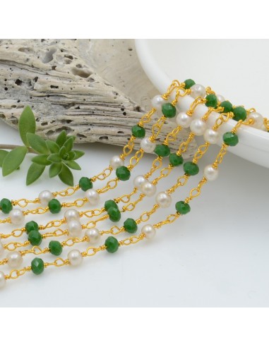 Catena rosario di cristalli colore verde pieno e perle tonde 3mm concatenati con filo oro in ottone 50cm GDO