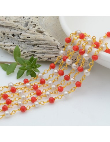 Catena rosario di cristalli colore rosso arancione e perle tonde 3mm concatenati con filo oro in ottone 50cm GDO
