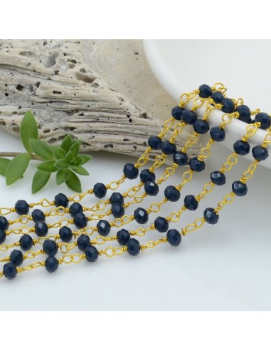 catena rosario cristalli colore blu scuro 3 mm concatenata filo oro in ottone 50 cm per fai da te
