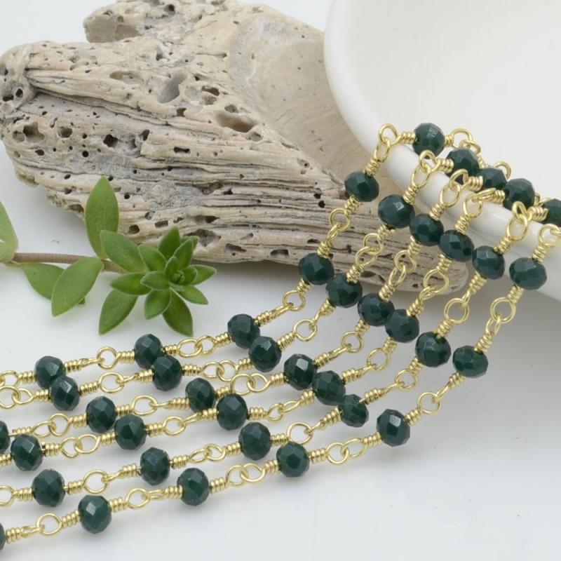 Catena rosario di cristalli colore verde scuro da 4mm concatenati con filo oro in ottone 50cm GDO