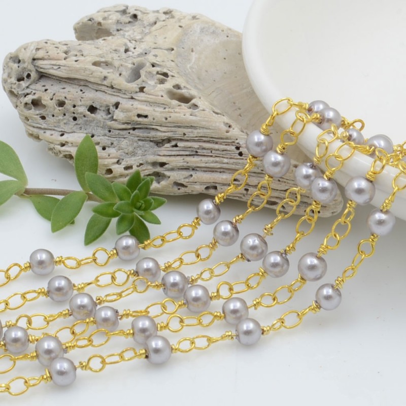 catena rosario con perle grigie 4 mm concatenata filo oro in ottone 50 cm per fai da te