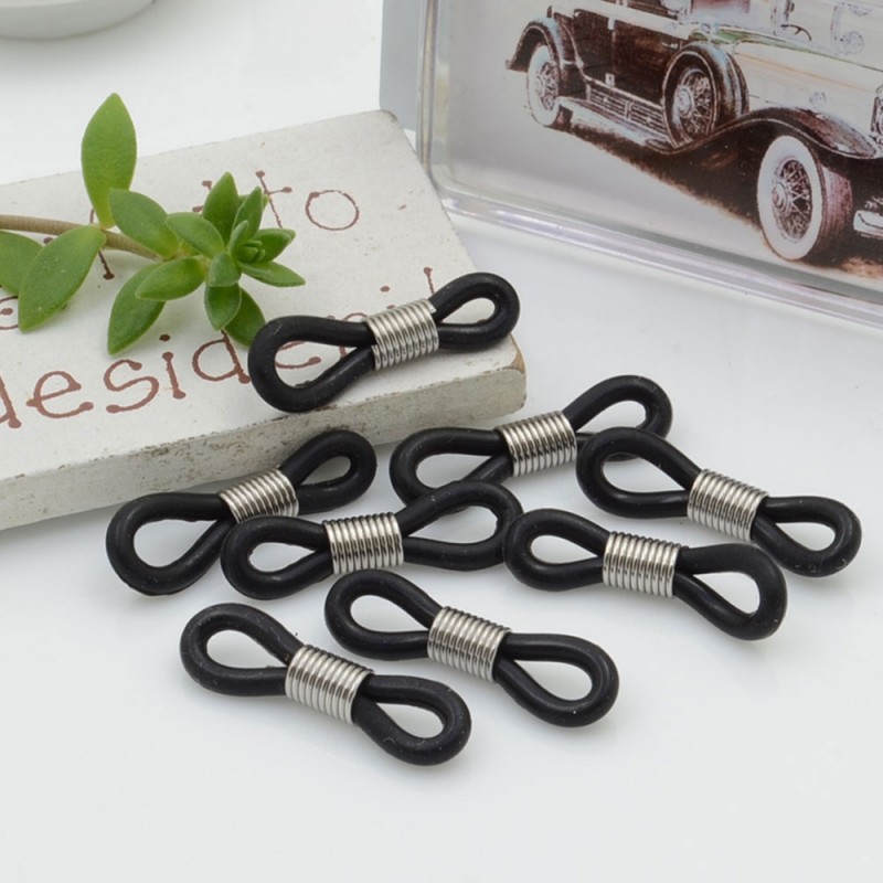 Gommini Terminali con molla in acciaio connettori per catenelle occhiali 4 x 20 mm 10 pz argento silicone nero