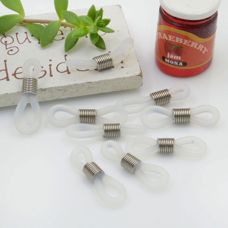 Gommini Terminali con molla in acciaio connettori per catenelle occhiali 4 x 20 mm 10 pz argento silicone bianco