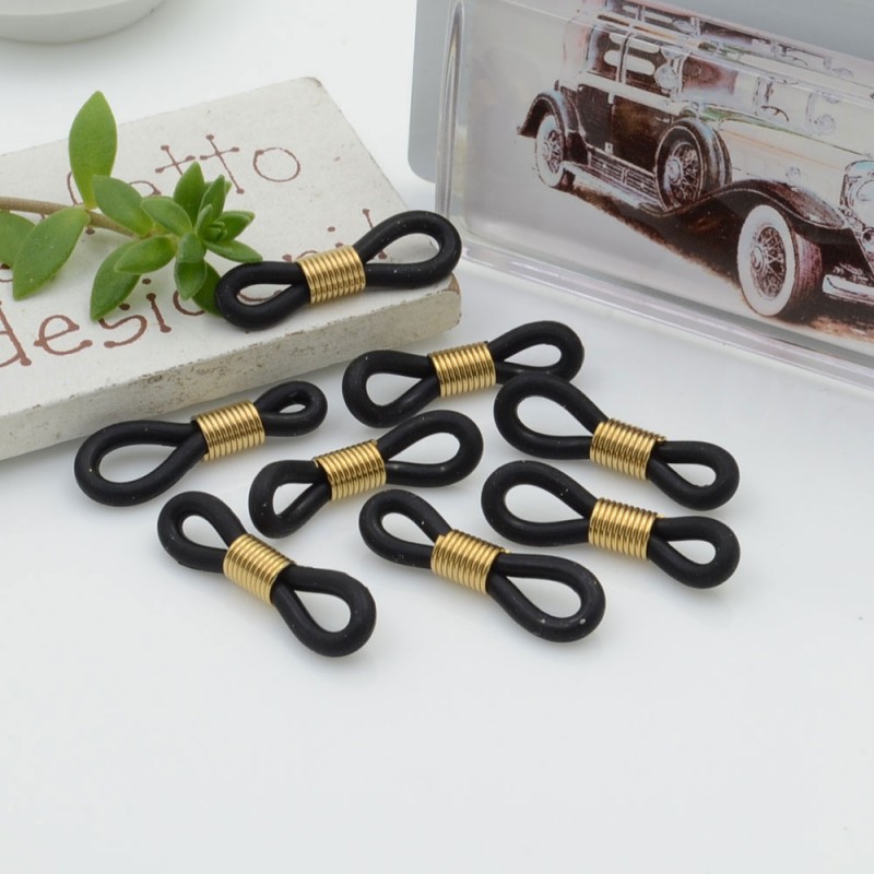 Gommini Terminali con molla in acciaio connettori per catenelle occhiali 4 x 20 mm 10 pz oro silicone nero