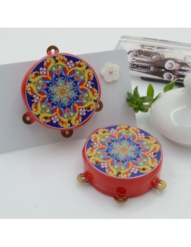 Ciondolo tamburelli siciliani  30 x 35 mm bordo rosso con disegno mandala fiore 3 anellini per le tue creazioni!!!