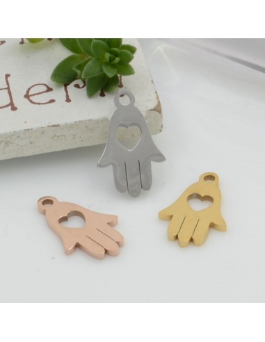 Ciondoli in acciaio inossidabile lucido forma mano di Fatima con cuoricino 10 x 15 mm per le tue creazioni fai da te!!