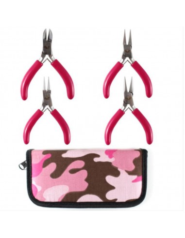Set pinze bigiotteria acciaio, punte piatta curva e tonda, colore rosa militare, marchio Gioie d'Oriente
