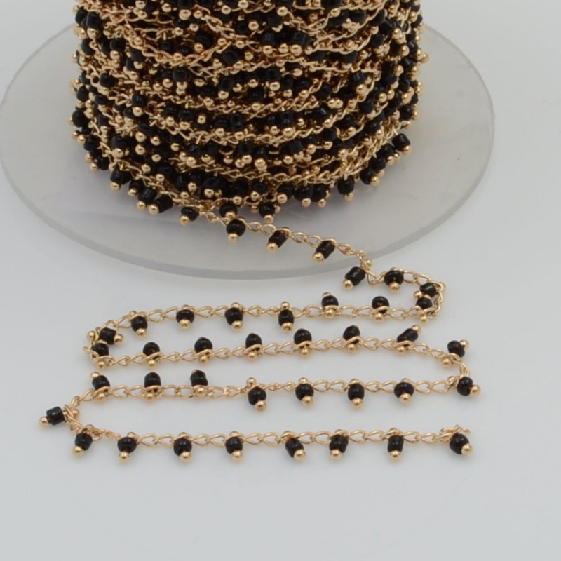 Catena Rosario con perline indiane 2 mm base oro chiaro colore nero 50cm per le tue creazioni!