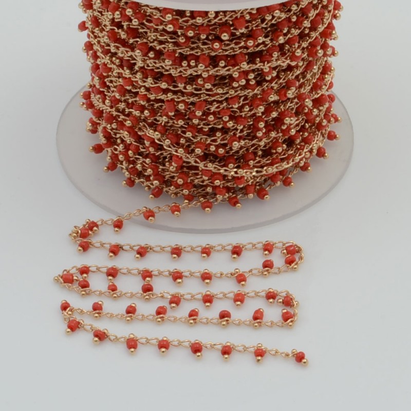Catena Rosario con perline indiane 2 mm base oro chiaro colore rosso 50cm per le tue creazioni!