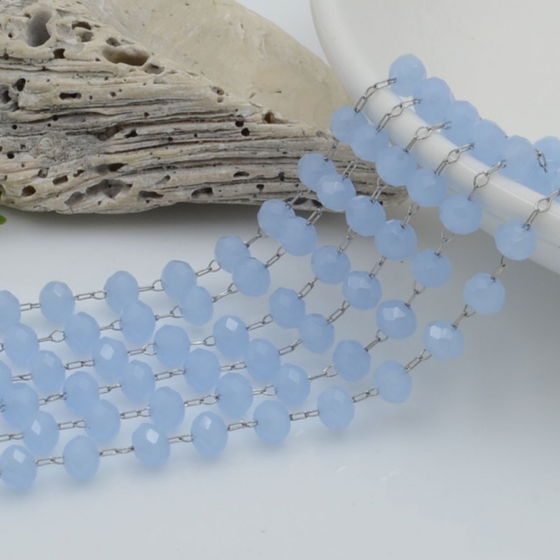 catena rosario con cristalli 3 x 4 mm 50 CM base argento in acciaio colore acquamarina per le tue creazioni !!!