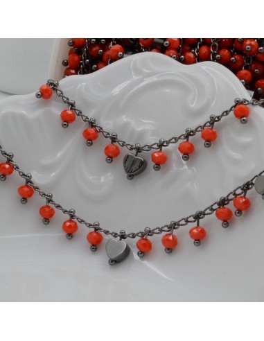 Catena Rosario con cristalli arancione scuro 3mm e cuori canna di fucile 50cm | Bigiotteria fai da te di Gioie d'Oriente