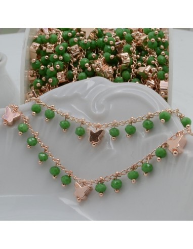Catena Rosario con cristalli verde 3mm e farfalle oro rosa 50cm | Bigiotteria fai da te di Gioie d'Oriente