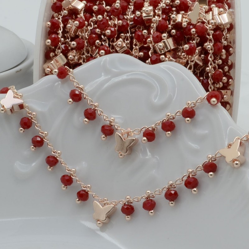Catena Rosario con cristalli rosso 3mm e farfalle oro rosa 50cm | Bigiotteria fai da te di Gioie d'Oriente