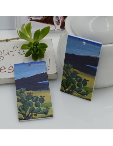 Ciondoli Elemento 38 x 20 mm 4 FORI 2 pz rettangolare pendente in legno con disegno cactus per orecchini per le tue creazioni!!!