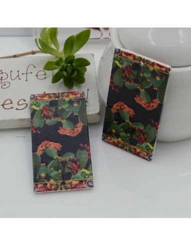 Ciondoli Elemento 38 x 20 mm 4 FORI 2 pz rettangolare pendente in legno con disegno cactus per orecchini per le tue creazioni!!!