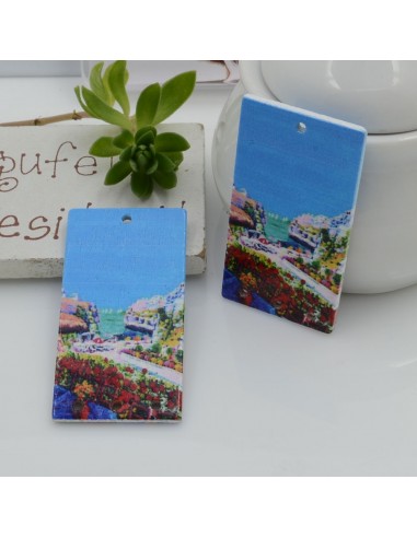 Ciondoli Elemento 38 x 20 mm 4 FORI 2 pz rettangolare pendente in legno con disegno paesino per orecchini