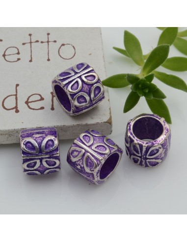 Distanziatori foro largo con fantasia 8 x 10 mm 4 pz colore viola base argento per bracciale collana per le tue creazioni!!