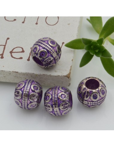 Distanziatori foro largo con fantasia 7 x 8 mm 4 pz colore viola base argento per bracciale collana per le tue creazioni!!