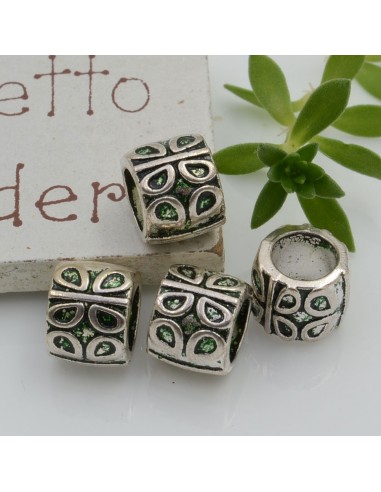 Distanziatori foro largo con fantasia 8 x 10 mm 4 pz colore verde base argento per bracciale collana per le tue creazioni!!