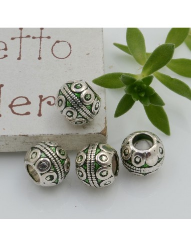 Distanziatori foro largo con fantasia 7 x 8 mm 4 pz colore verde base argento per bracciale collana per le tue creazioni!!