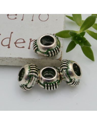Distanziatori foro largo con fantasia 6 x 10 mm 4 pz colore verde base argento per bracciale collana per le tue creazioni!!